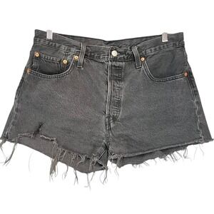 Levis 501 Womens Denim Black Wash Distressed Frayed High Waist Cut Off Shorts 32